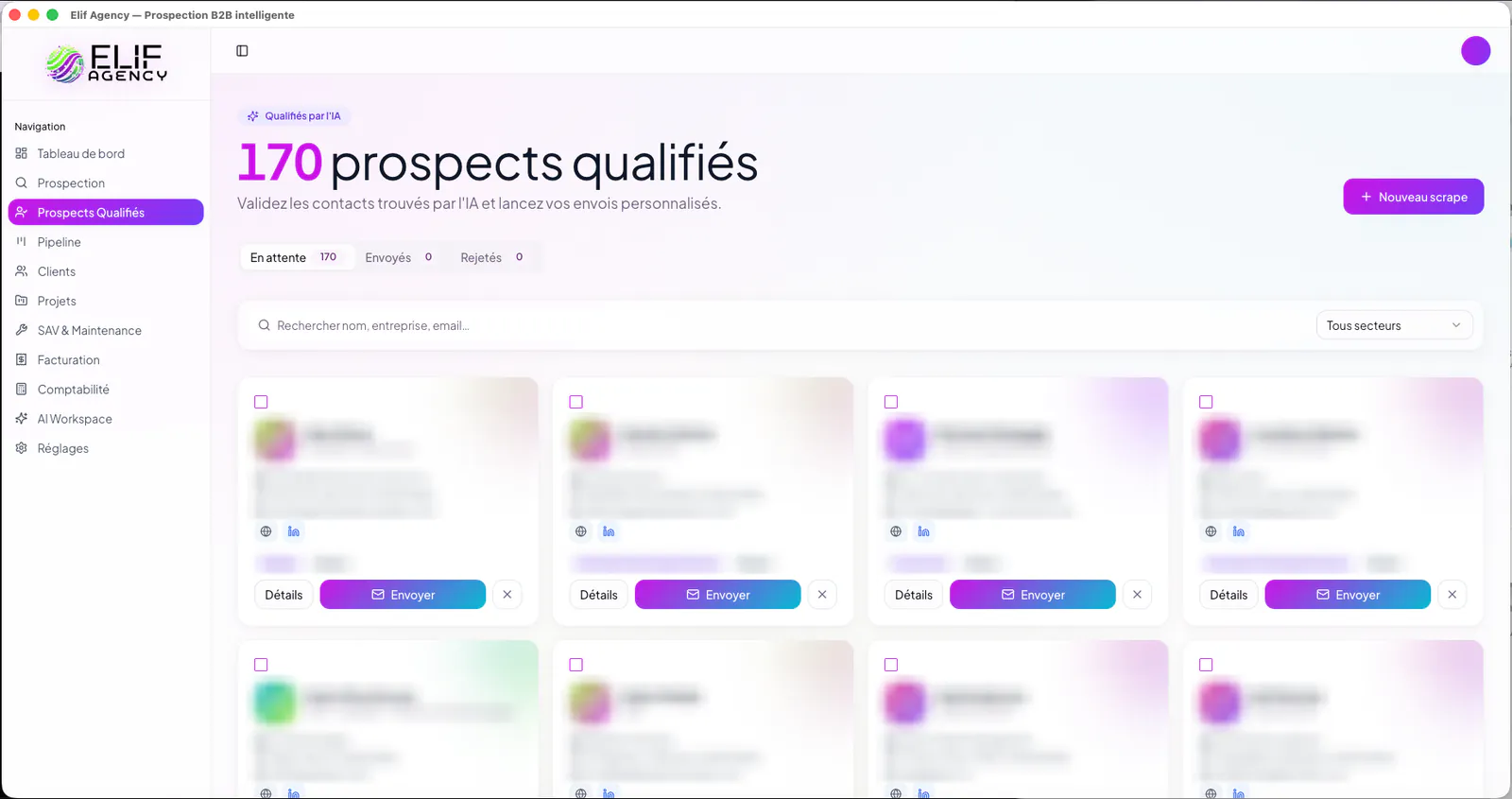 Écran « Prospects qualifiés » de l'application ELiF Flow IA (données personnelles floutées)